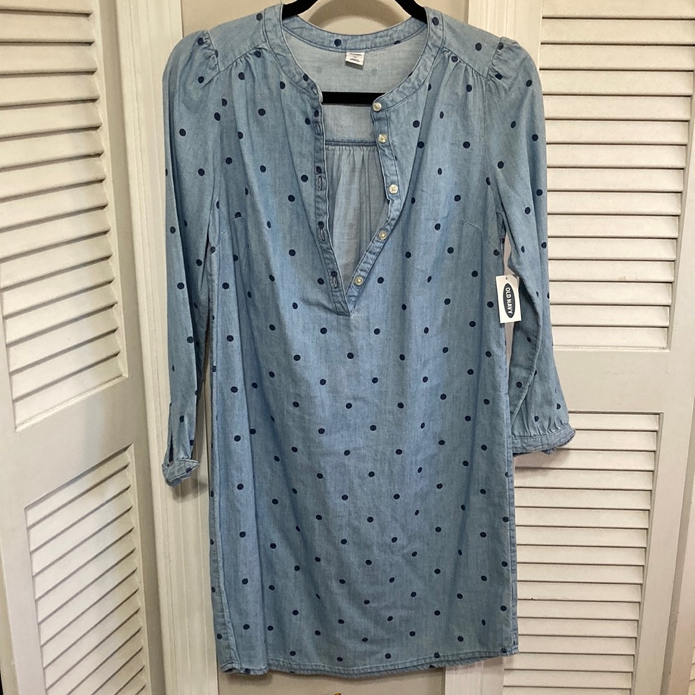 Old Navy Light Denim Blue Polka Dot Long-Sleeve Tunic Dress